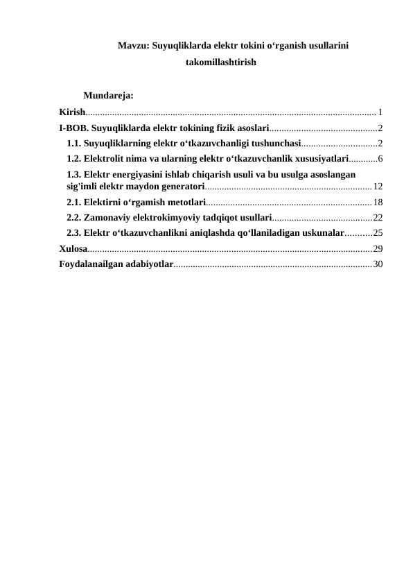 Suyuqliklarda elektr tokini o‘rganish usullarini takomillashtirish