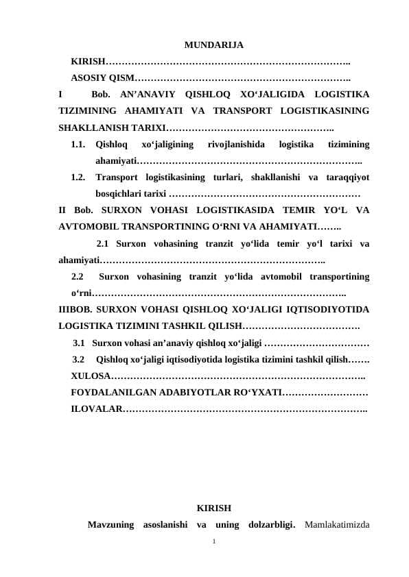 AN’ANAVIY QISHLOQ XO‘JALIGIDA LOGISTIKA TIZIMINING AHAMIYATI VA TRANSPORT LOGISTIKASINING SHAKLLANISH TARIXI