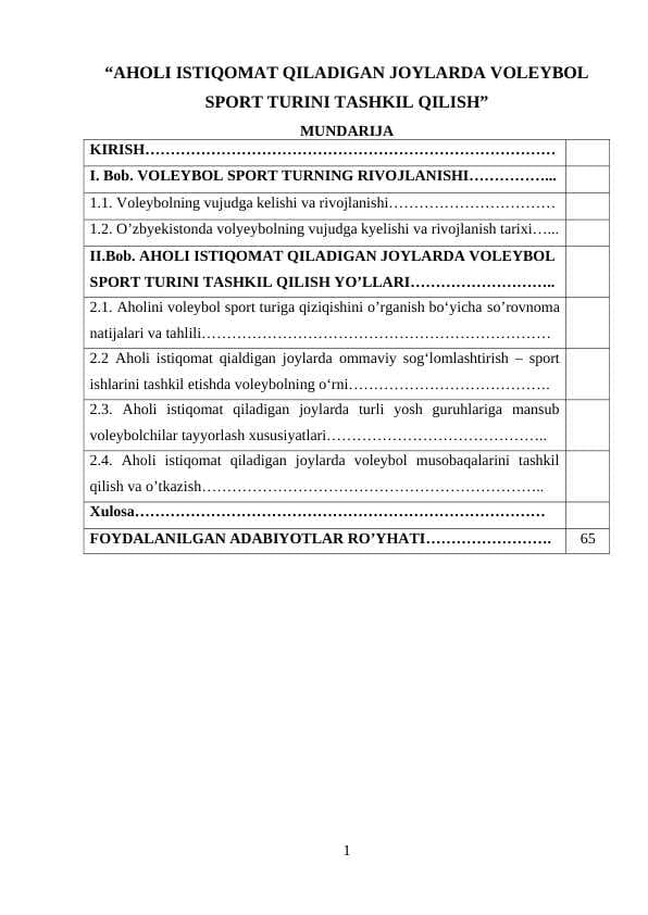 AHOLI ISTIQOMAT QILADIGAN JOYLARDA VOLEYBOL SPORT TURINI TASHKIL QILISH
