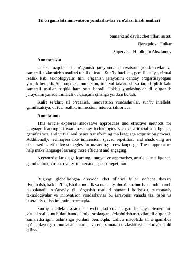 Til o'rganishda innovatsion yondashuvlar va o'zlashtirish usullari