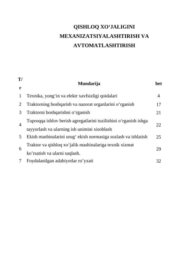 QISHLOQ XO‘JALIGINI MEXANIZATSIYALASHTIRISH VA AVTOMATLASHTIRISH