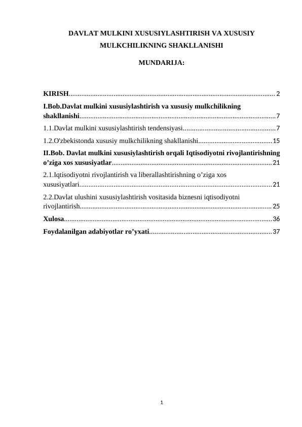 DAVLAT MULKINI XUSUSIYLASHTIRISH VA XUSUSIY MULKCHILIKNING SHAKLLANISHI