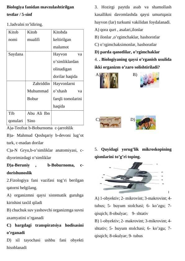 Biologiya fanidan mavzulashtirilgan testlar / 5-sinf