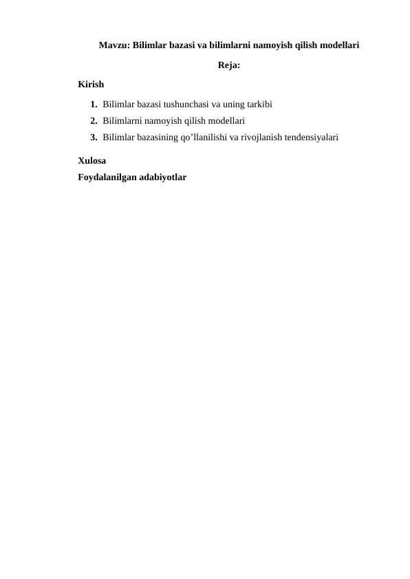 Bilimlar bazasi va bilimlarni namoyish qilish modellari