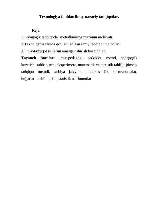 Texnologiya fanidan ilmiy-nazariy tadqiqotlar
