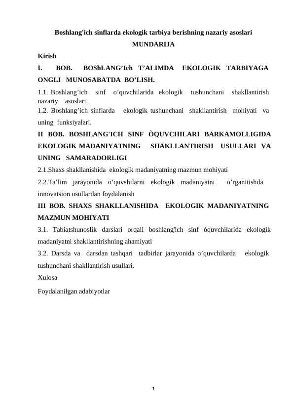 Boshlang'ich sinflarda ekologik tarbiya berishning nazariy asoslari