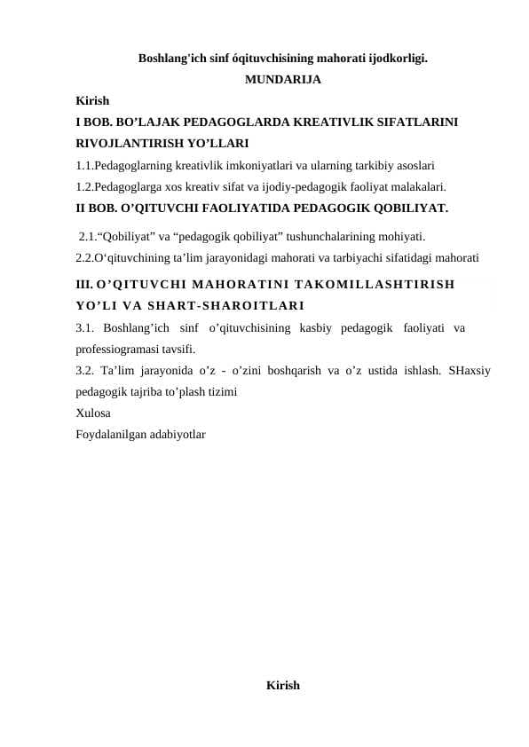 Boshlang'ich sinf óqituvchisining mahorati ijodkorligi