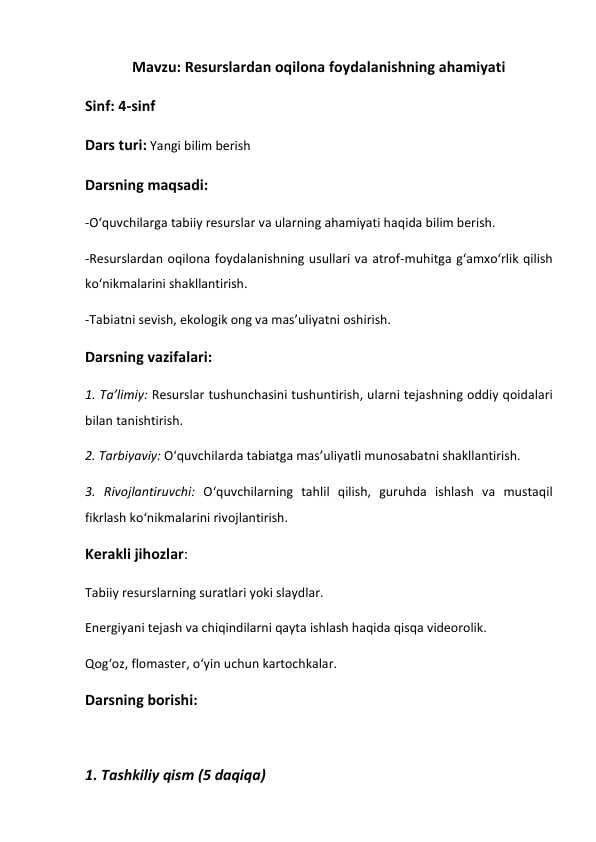 Resurslardan oqilona foydalanishning ahamiyati