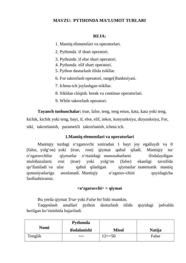 PYTHONDA MA’LUMOT TURLARI