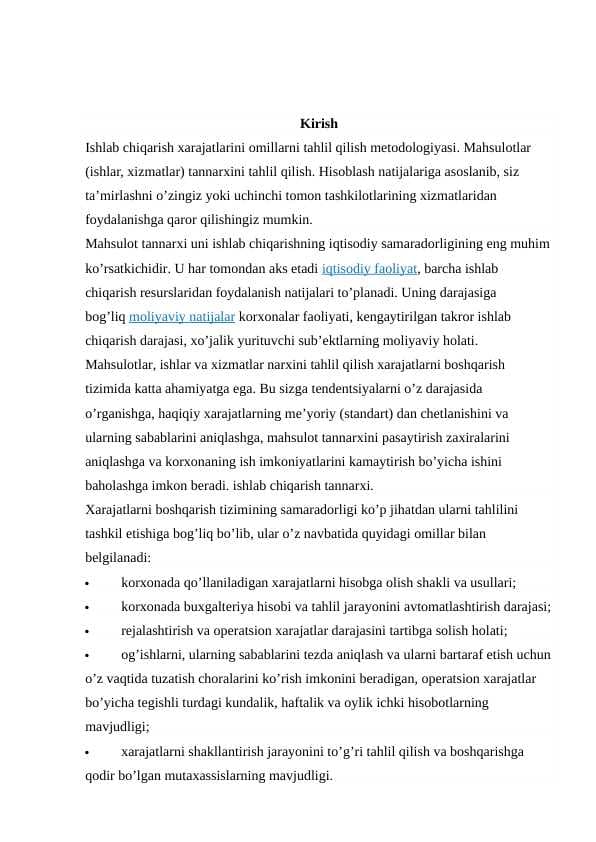Xarajatlarni umumiy hajmi va ularni asosiy elementlar bo’yicha baholash tahlil qilish
