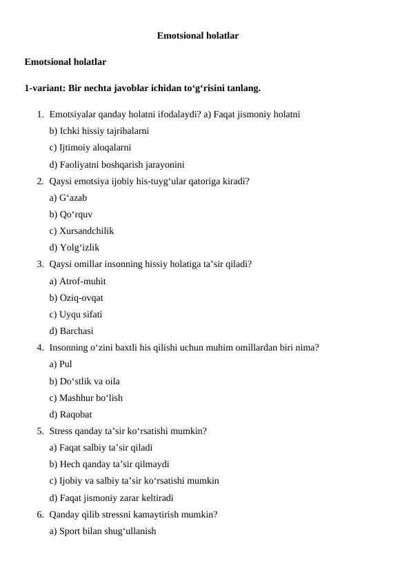 Emotsional holatlar test savollari