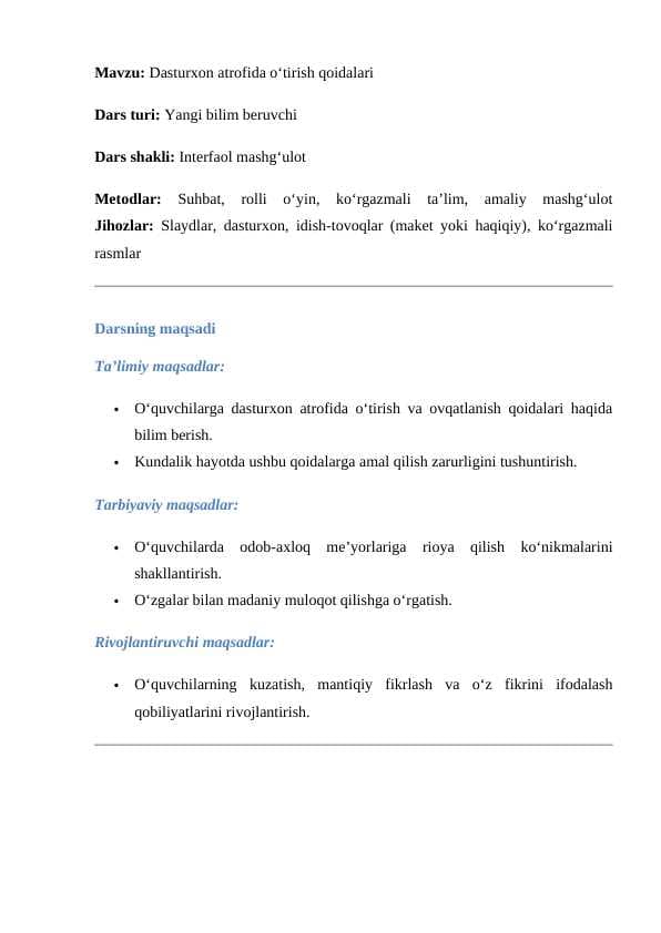 1_sinf_Tarbiya_Dasturxon atrofida o‘tirish qoidalari dars ishlanma