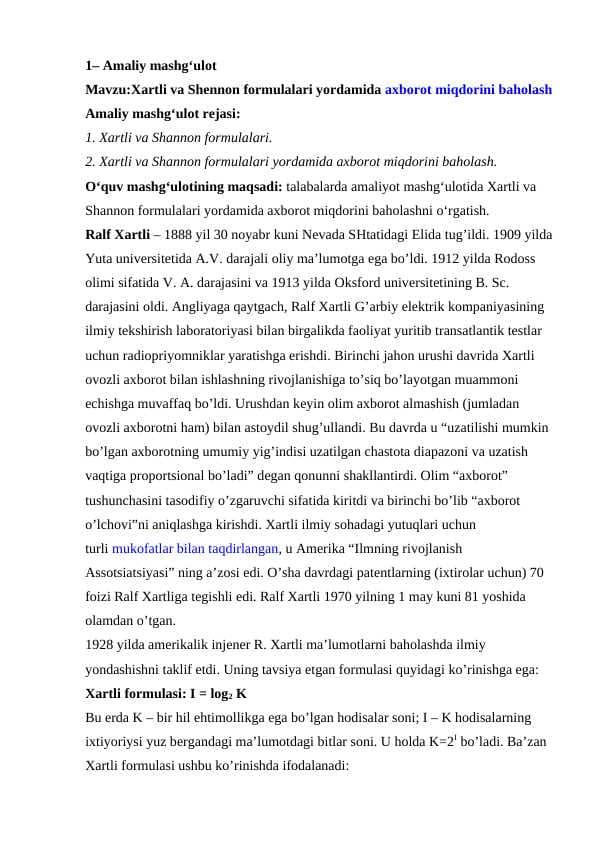 Xartli va Shennon formulalari yordamida axborot miqdorini baholash