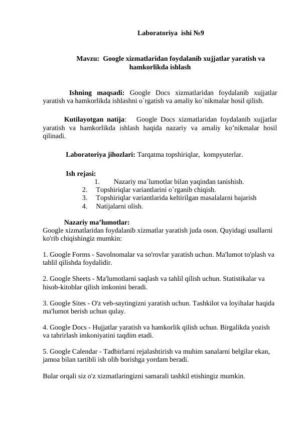 Google xizmatlaridan foydalanib xujjatlar yaratish va hamkorlikda ishlash