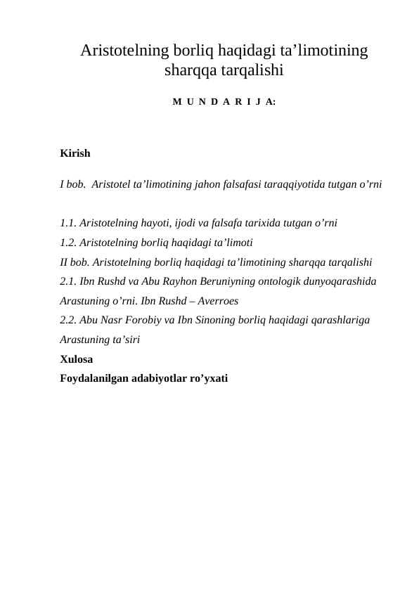 Aristotelning borliq haqidagi ta’limotining sharqqa tarqalishi.