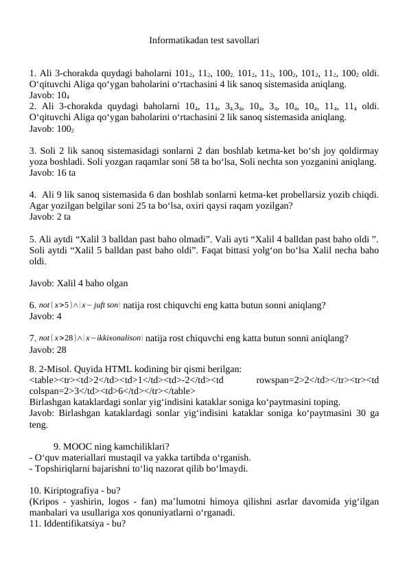 Informatika attestatsiya javoblar