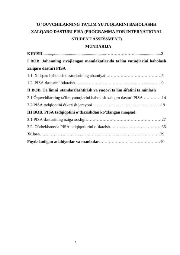 O ‘QUVCHILARNING TA’LIM YUTUQLARINI BAHOLASHH XALQARO DASTURI PISA (PROGRAMMA FOR INTERNATIONAL STUDENT ASSESSMENT)