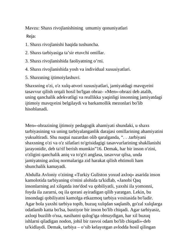 Shaxs rivojlanishining  umumiy qonuniyatlari