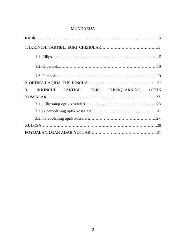 IKKINCHI TARTIBLI EGRI CHIZIQLARNING OPTIK XOSSALARI