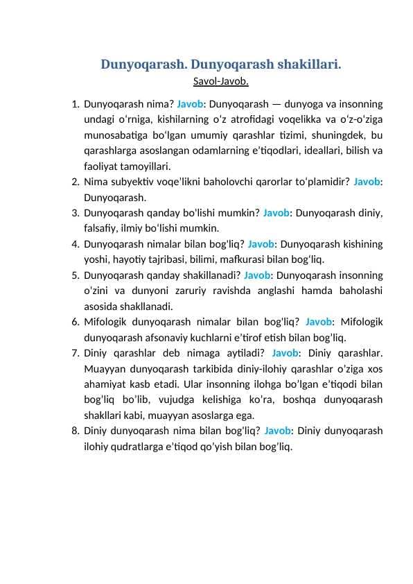 Dunyoqarash. Dunyoqarash shakillari. Savol-Javob.