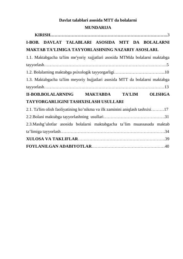 Davlat talablari asosida MTT da bolalarni