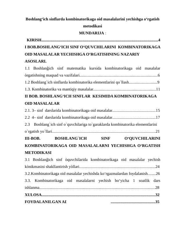 Boshlangʻich sinflarda kombinatorikaga oid masalalarini yechishga oʻrgatish metodikasi