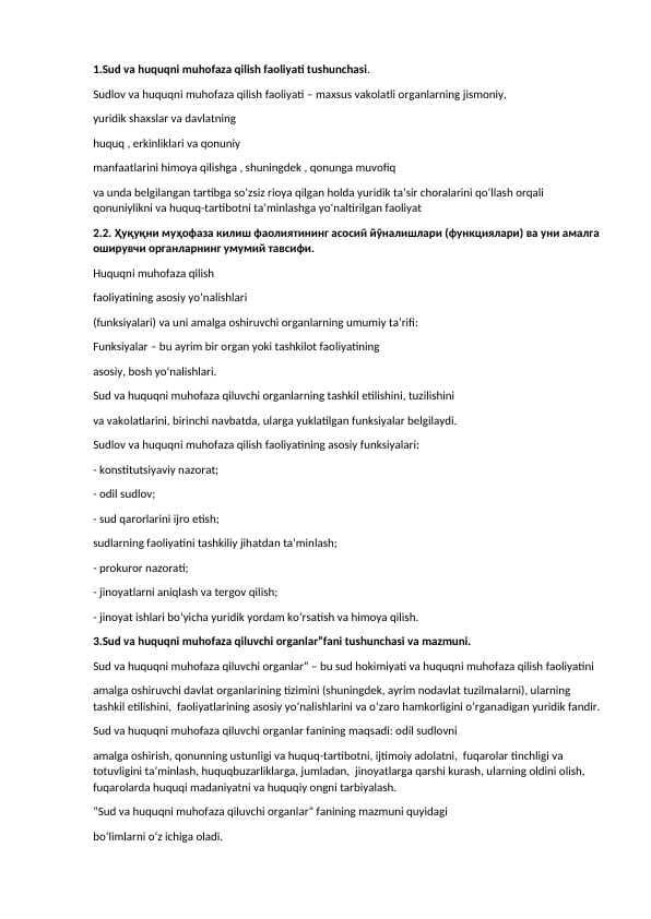 Sud va huquqni muhofaza qiluvchi organlar fanidan sessiya savollari javoblari bilan