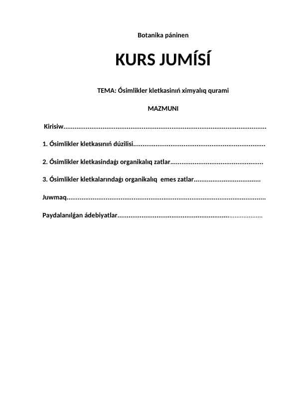 Ósimlikler kletkasinıń ximyalıq qurami