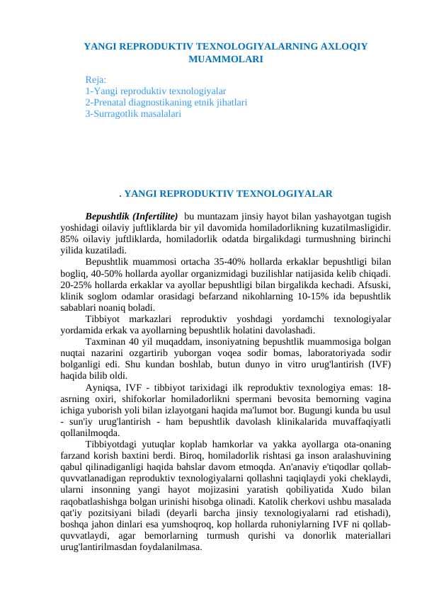 Yangi reproduktiv texnologiyalarni ahloqiy muammolari