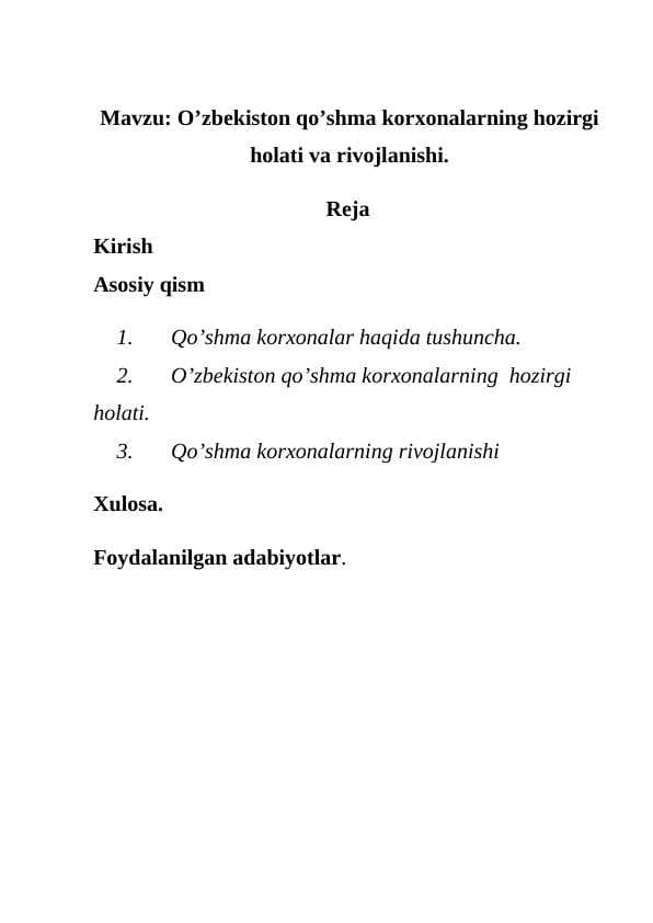 O’zbekiston qo’shma korxonalarning hozirgi holati va rivojlanishi