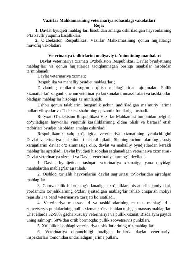 Vazirlar Mahkamasining veterinariya sohasidagi vakolatlari
