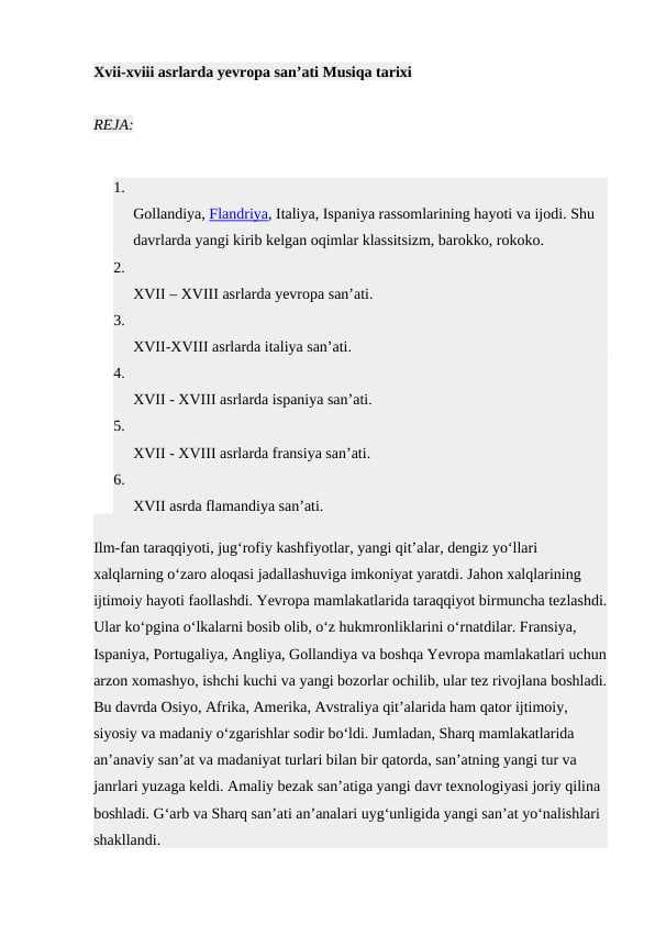 Xvii-xviii asrlarda yevropa san’ati Musiqa tarixi