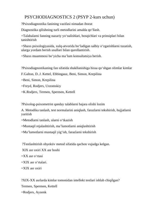 PSYCHODIAGNOSTICS 2 (PSYP 2-kurs uchun) test javoblari bilan