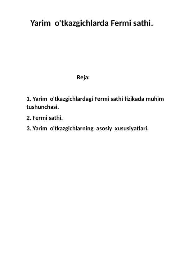 Yarim  o'tkazgichlarda Fermi sathi.