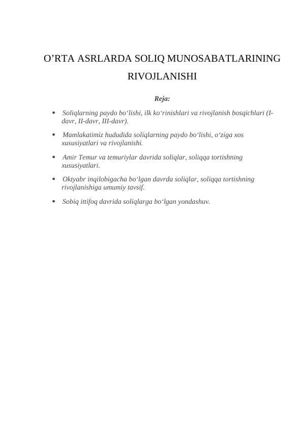 O’RTA ASRLARDA SOLIQ MUNOSABATLARINING RIVOJLANISHI