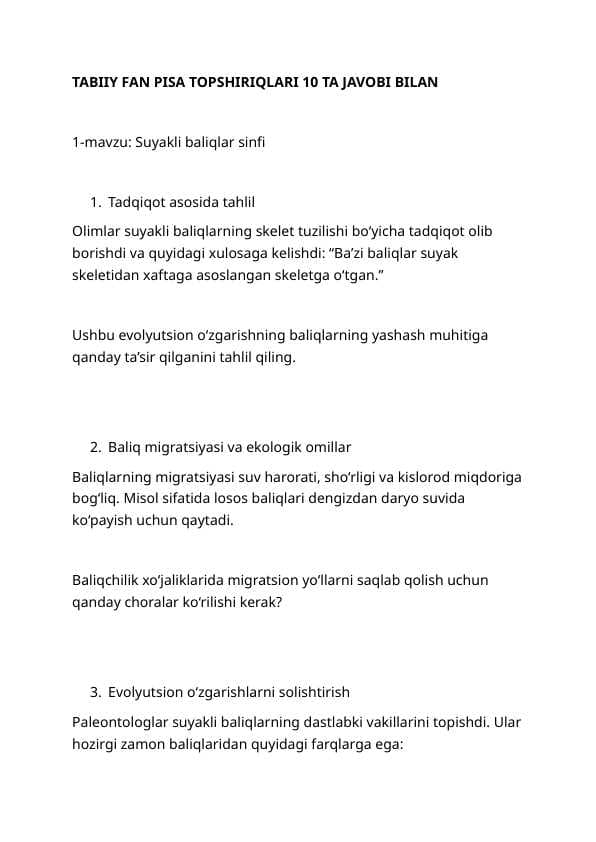 PISA Tabiiy fan 3 ta mavzu zoologiya
