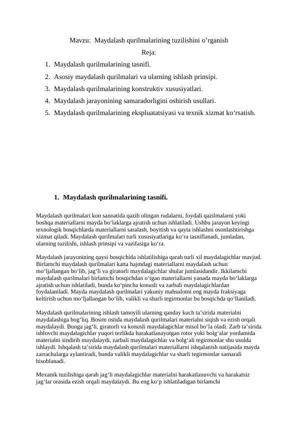 Maydalash qurilmalarining tuzilishini o’rganish