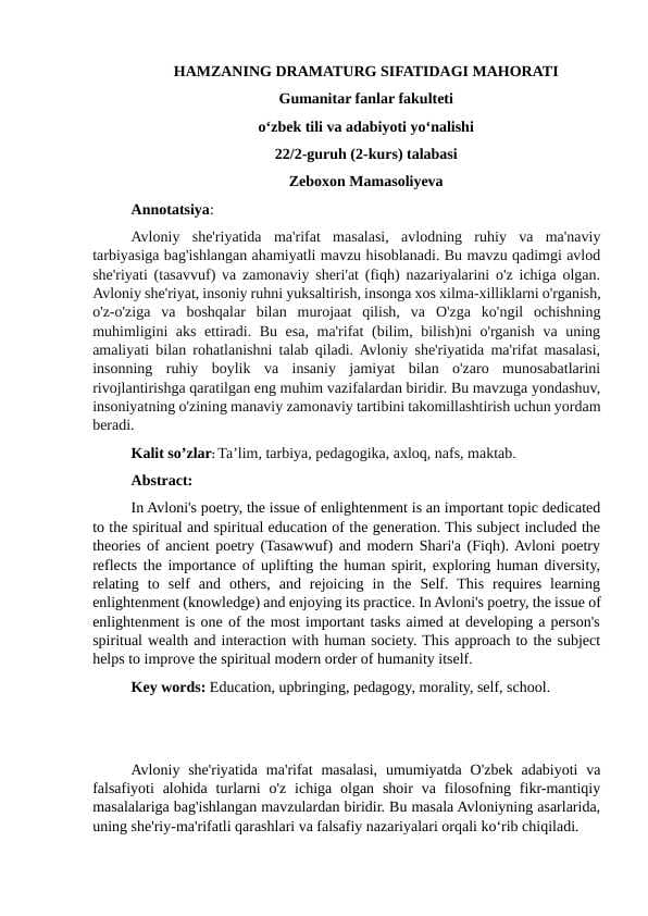 Avloniy she‘riyatida ma'rifat masalasi