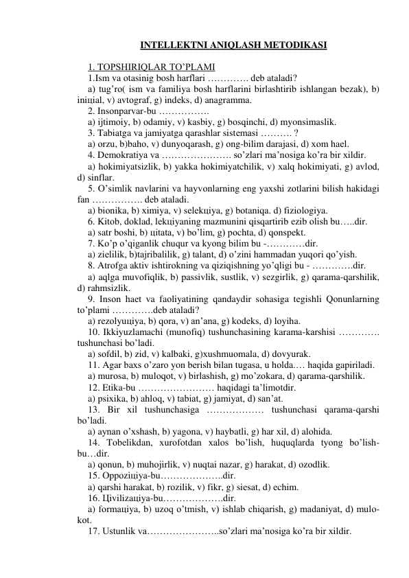 Yoshlar intellektini aniqlash metodikasi