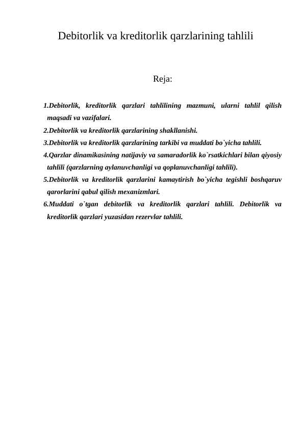 Debitorlik va kreditorlik qarzlarining tahlili