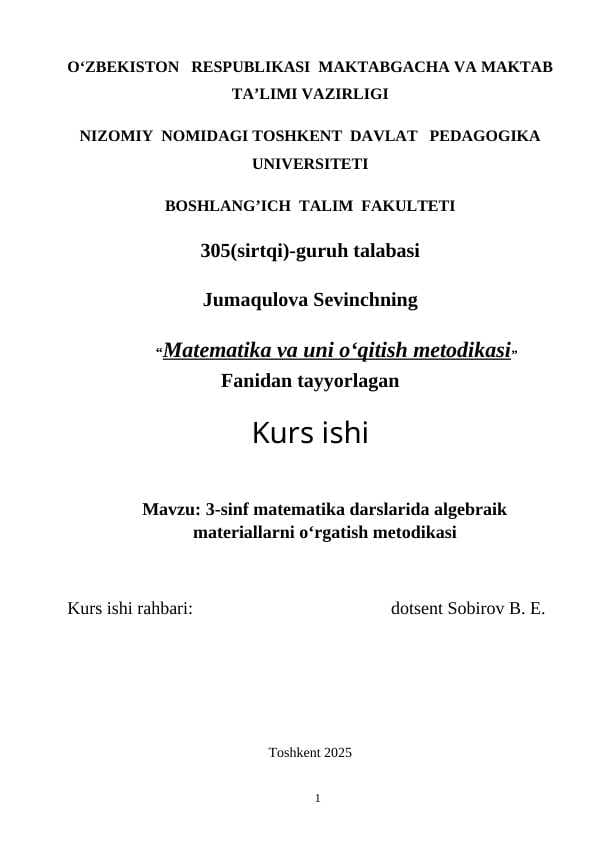 3- sinf matematika darslarida algebraik materiallarni oʻrgatish metodikasi