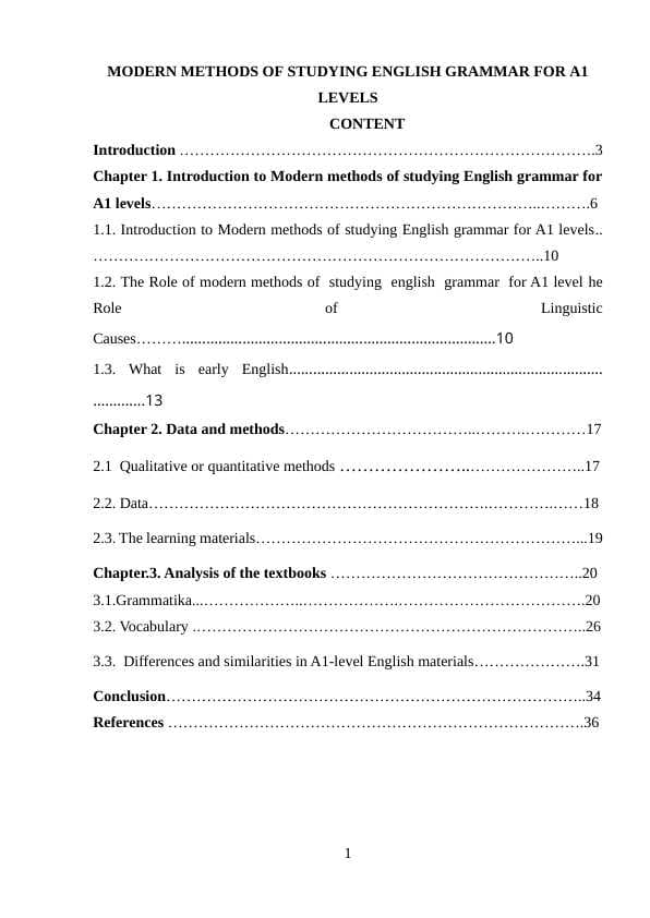 MODERN METHODS OF STUDYING ENGLISH GRAMMAR FOR A1 LEVELS