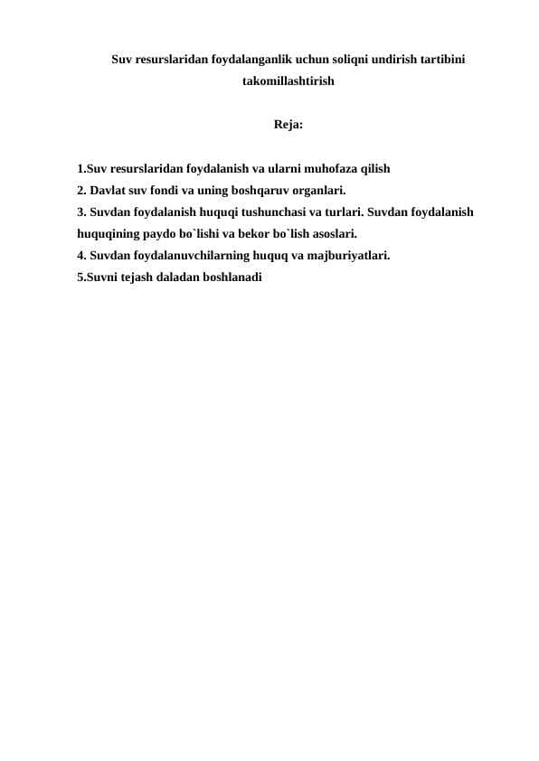 Suv resurslaridan foydalanganlik uchun soliqni undirish tartibini takomillashtirish