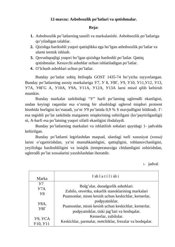 Asbobsozlik po’latlari va qotishmalar.