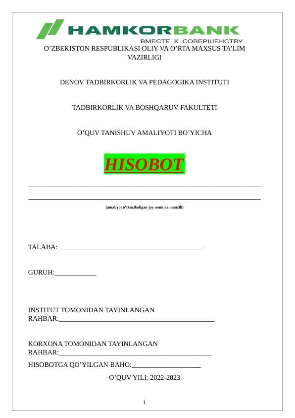 HISOBOT Hamkorbank ATB haqida