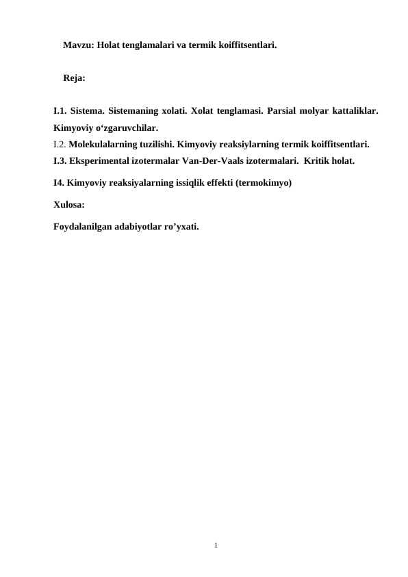 Holat tenglamalari va termik koiffitsentlari