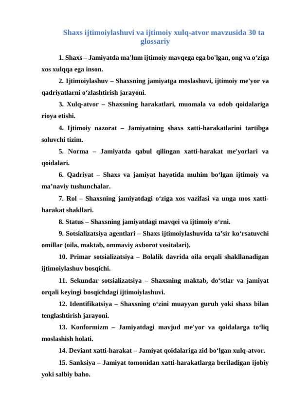 Shaxs ijtimoiylashuvi va ijtimoiy xulq-atvor mavzusida 30 ta glossariy