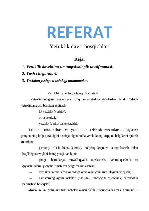 Yetuklik davri bosqichlari