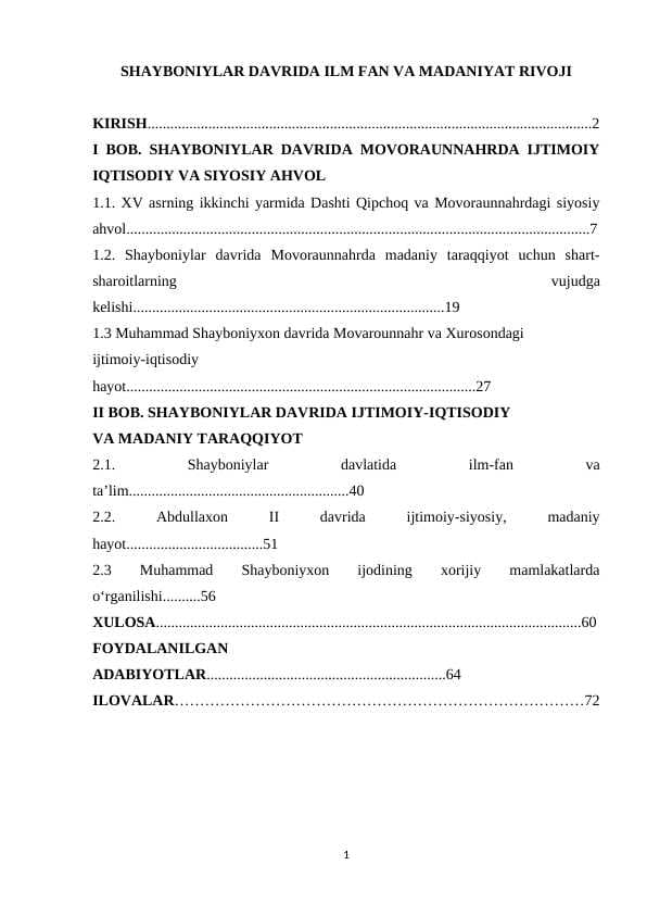 Shayboniylar davrida ilm-fan va madaniyati rivoji
