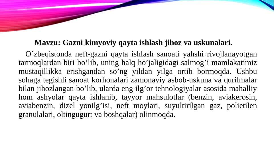 Gazni kimyoviy qayta ishlash jihoz va uskunalari